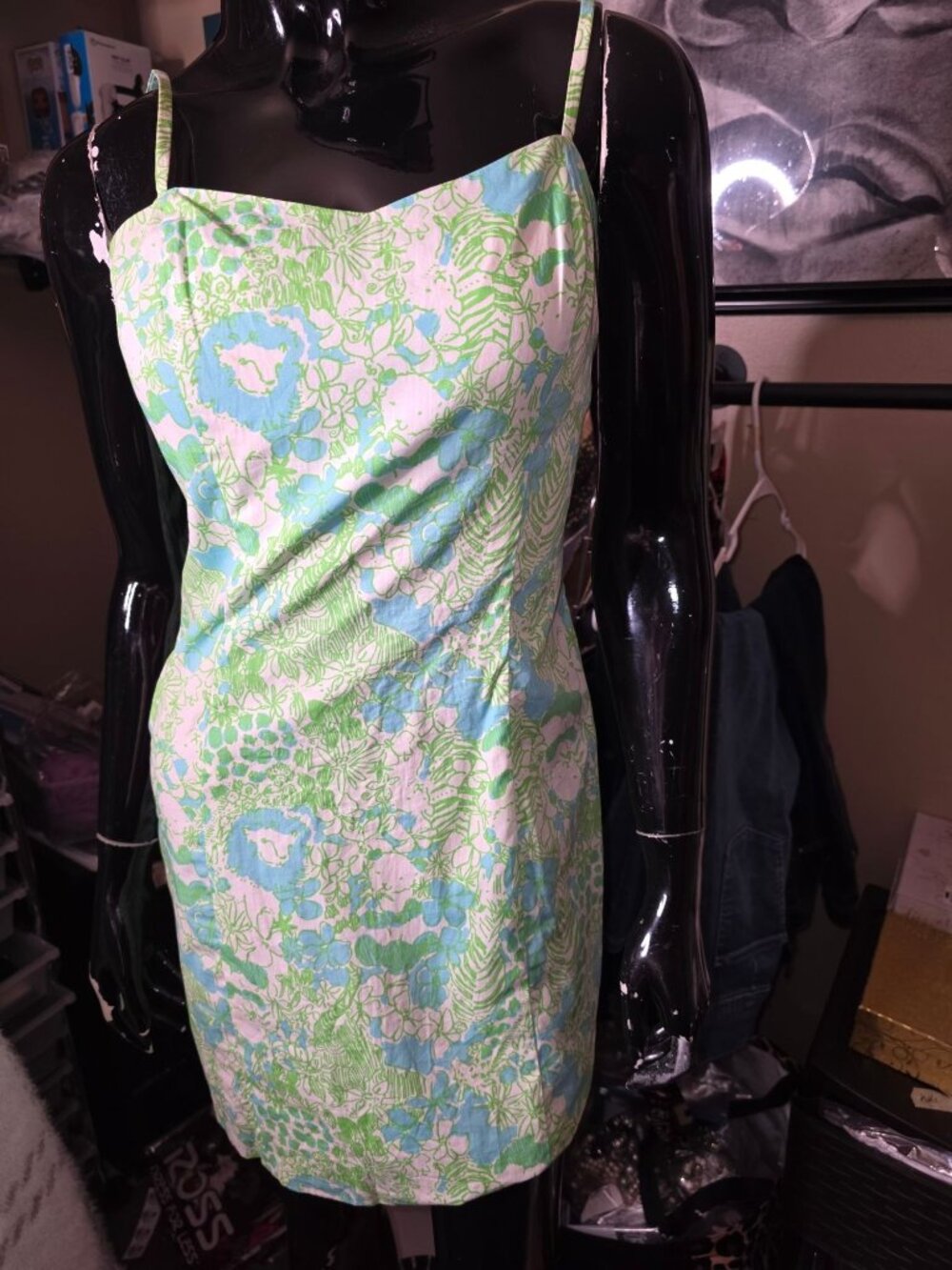 Lilly Pulitzer Green & Blue Floral Cotton Dress With Adjustable Straps & Back Ti